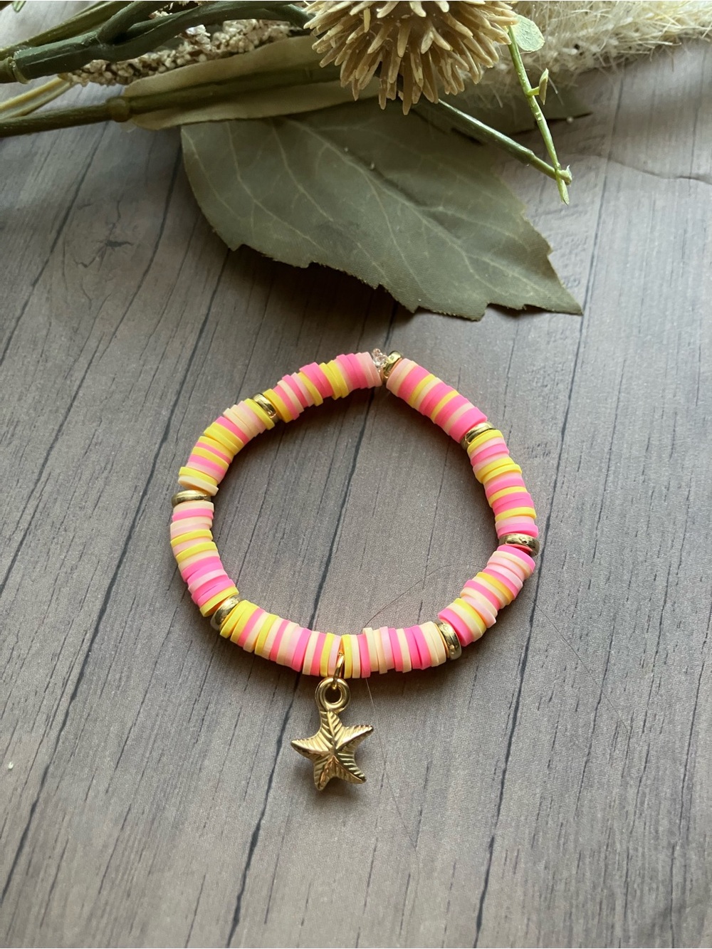 Handmade Pink & Yellow Bead Bracelet with Gold Star Charm